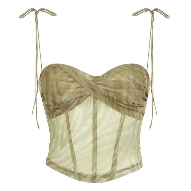 Sexy Style Corrugated Printed Double Layer Mesh Camisole Low Collar Irregular Cinched Tube Top Vest Top Fendax 0