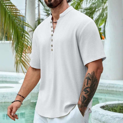 Summer Deep V-neck Multi-button Cotton And Linen Casual Shirt Men's Short Sleeve Fendax 0