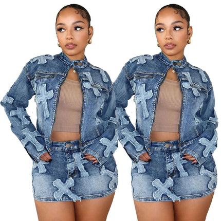 Denim Embroidered Short Skirt Jacket Suits Suit Fendax 0