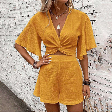 Fashion Loose Suits For Women V-neck Ruffle Sleeve Short-sleeved Top And Shorts Summer Two-piece Set Clothing Fendax 0
