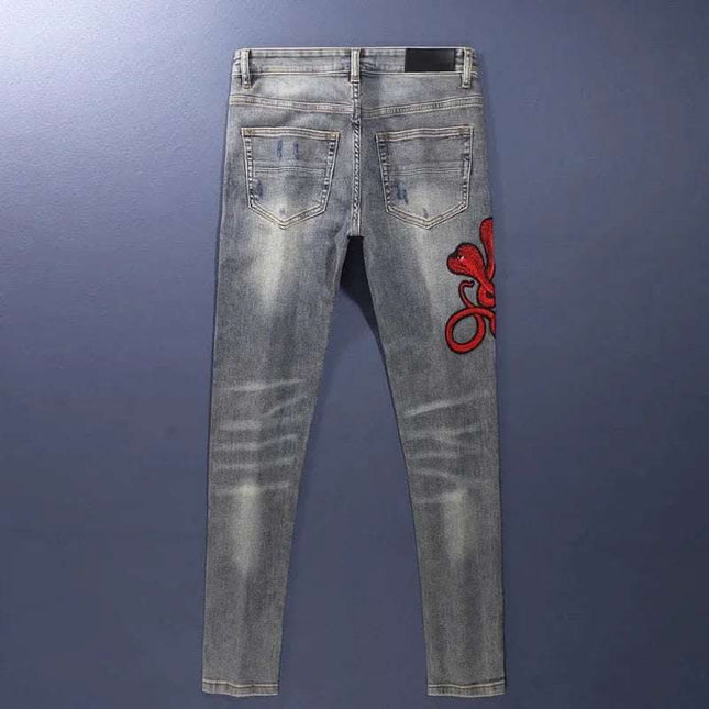 Worn Looking Washed-out Hole Patch Trendy Brand Embroidered Slim Fit Jeans Fendax 0
