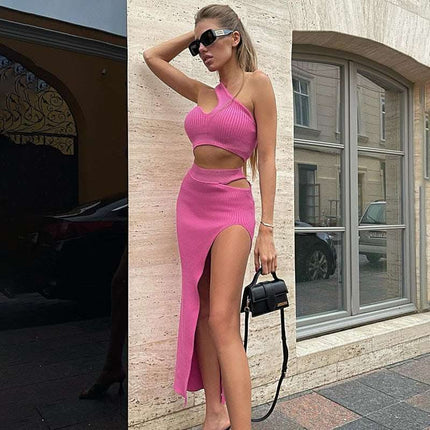 Sloping Shoulder Crop Top High Waist Hollow Skirt Suit Tight Two Piece Fendax 0