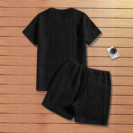 Men's Solid Color Patch Design Rib Short Sleeve Two-piece Set Fendax 0