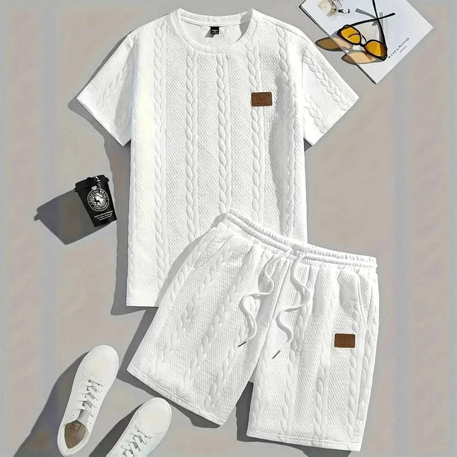 Men's Solid Color Patch Design Rib Short Sleeve Two-piece Set Fendax 0