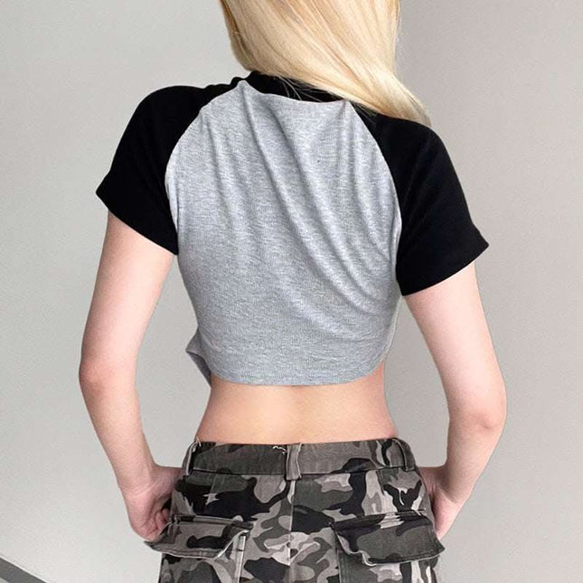 Women's Spice Slim-fit Short Color Bump Shoulder T-shirt Design Sense Asymmetrical Crop Hollow Letter Top Fendax 4