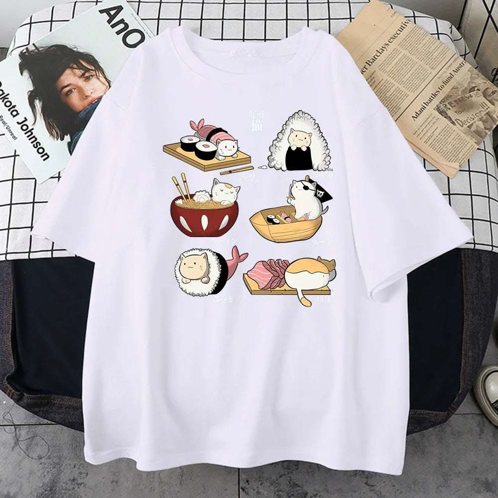H Cute Cat Sushi Cartoon Style Mens Cotton Short Sleeve Fendax 0