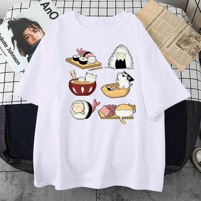 H Cute Cat Sushi Cartoon Style Mens Cotton Short Sleeve Fendax 0