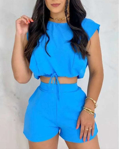 European And American Solid Color Tie Crop Top And Shorts Pocket Set Fendax 0