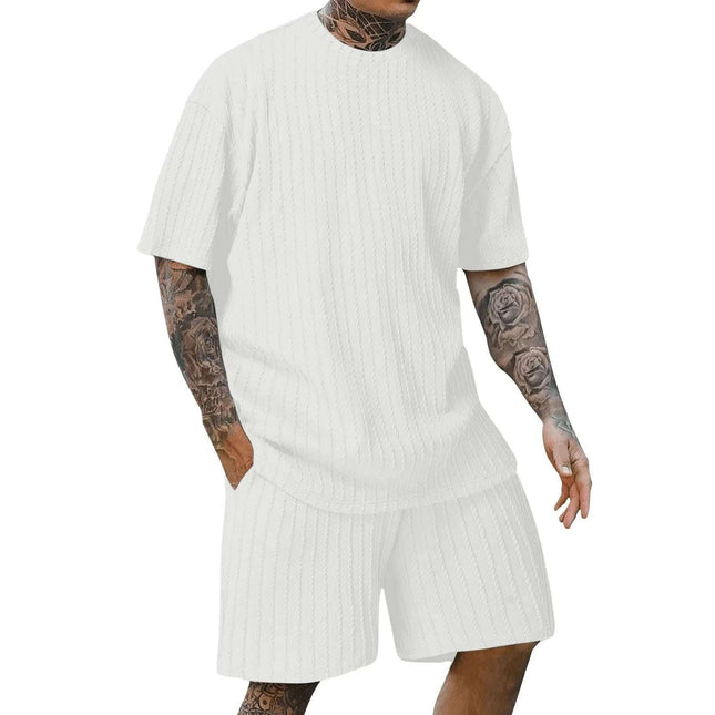 Men's Sports Solid Color Round Neck Pullover Vertical Pattern T-shirt Two-piece Set Fendax 0