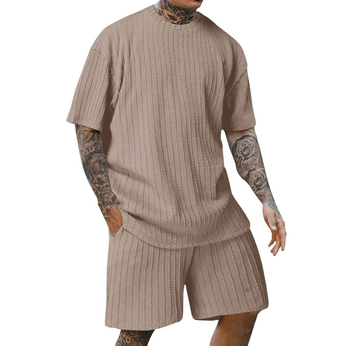 Men's Sports Solid Color Round Neck Pullover Vertical Pattern T-shirt Two-piece Set Fendax 0