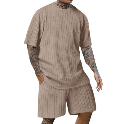 Men's Sports Solid Color Round Neck Pullover Vertical Pattern T-shirt Two-piece Set Fendax 0