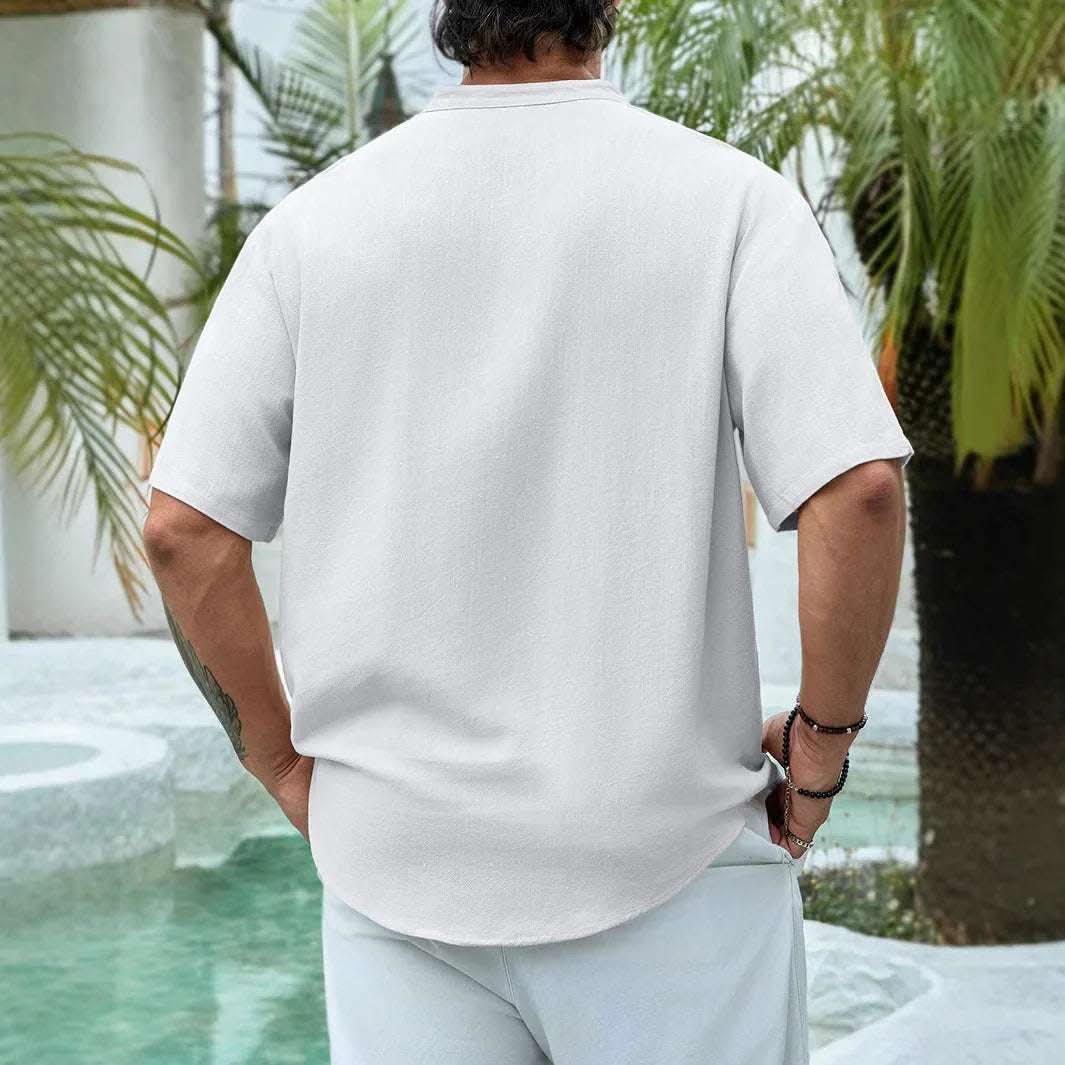 Summer Deep V-neck Multi-button Cotton And Linen Casual Shirt Men's Short Sleeve Fendax 0