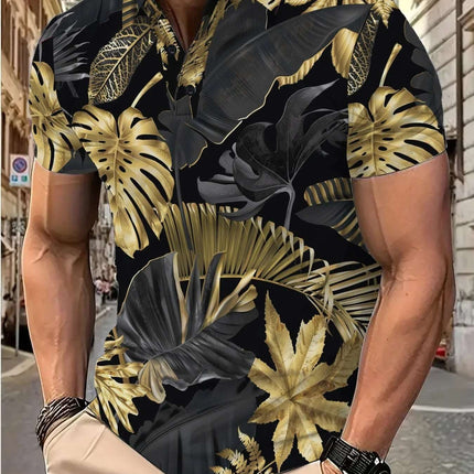 Men's Printed Gold Tropical Plant Pattern Short Sleeve Fashion Printed Shirt Fendax 0