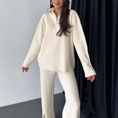 Fall Women's Clothing Solid Color Zipper Knitting Suit High Neck Ribbing Home Wear Two-piece Set