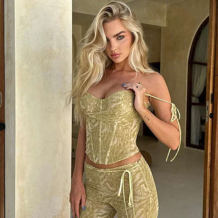 Sexy Style Corrugated Printed Double Layer Mesh Camisole Low Collar Irregular Cinched Tube Top Vest Top Fendax 0