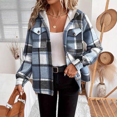 Long Sleeve Casual Plaid Hooded Jacket