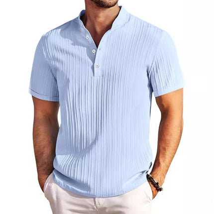 Summer Stand Collar Buttons Short Sleeve T-shirt Solid Color Stripe POLO Shirt Fashion Casual Beach Clothing For Men Fendax 0