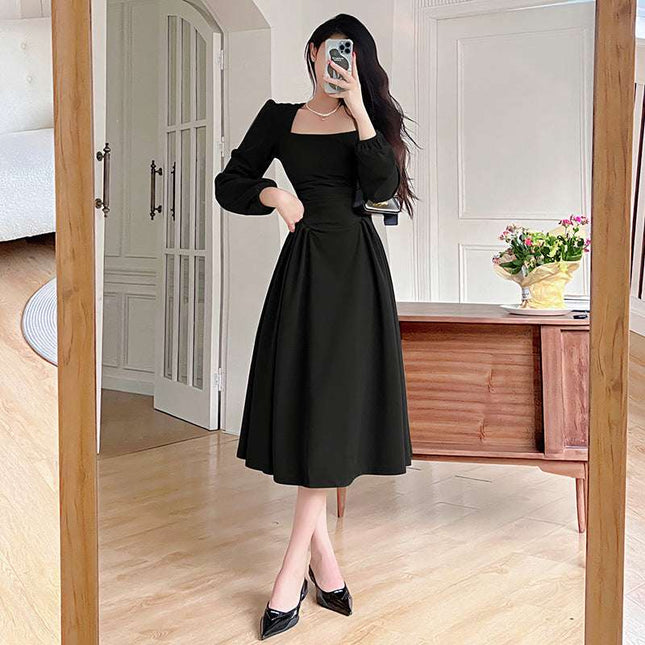 Women's Spring Clothing Woven Square Collar Pleated Skirt Dress