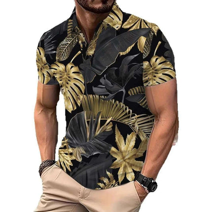 Men's Printed Gold Tropical Plant Pattern Short Sleeve Fashion Printed Shirt Fendax 0