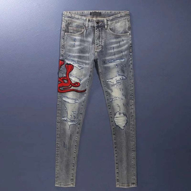 Worn Looking Washed-out Hole Patch Trendy Brand Embroidered Slim Fit Jeans Fendax 0