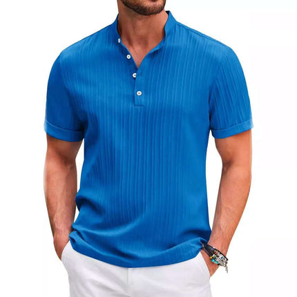 Summer Stand Collar Buttons Short Sleeve T-shirt Solid Color Stripe POLO Shirt Fashion Casual Beach Clothing For Men Fendax 0