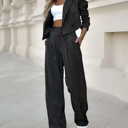 Women's Spring Fashion Striped Suits Casual Lapel Long Sleeve Cropped Top And Straight Pants Outfits Women's Clothing Fendax 0