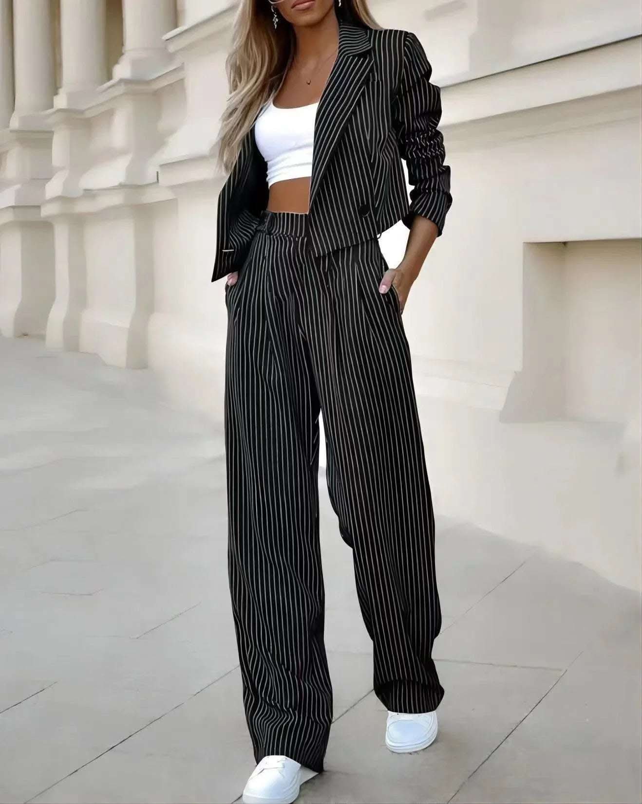 Women's Spring Fashion Striped Suits Casual Lapel Long Sleeve Cropped Top And Straight Pants Outfits Women's Clothing Fendax 0