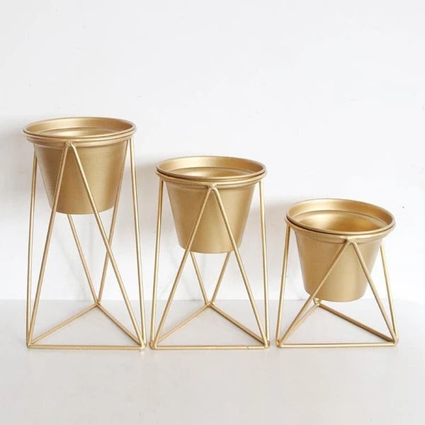 Golden fake flower set green plant pot