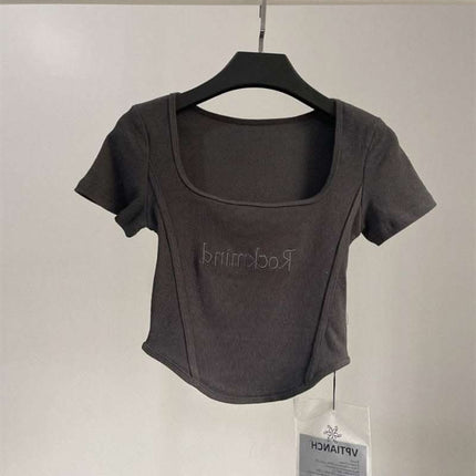 Hot Girl Short High Waist Crop Top Women's Summer Sexy Tight Curved Hem Short Sleeve T-shirt Fendax 0