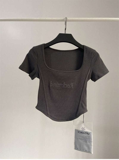 Hot Girl Short High Waist Crop Top Women's Summer Sexy Tight Curved Hem Short Sleeve T-shirt Fendax 0