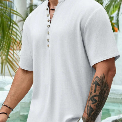 Summer Deep V-neck Multi-button Cotton And Linen Casual Shirt Men's Short Sleeve Fendax 0