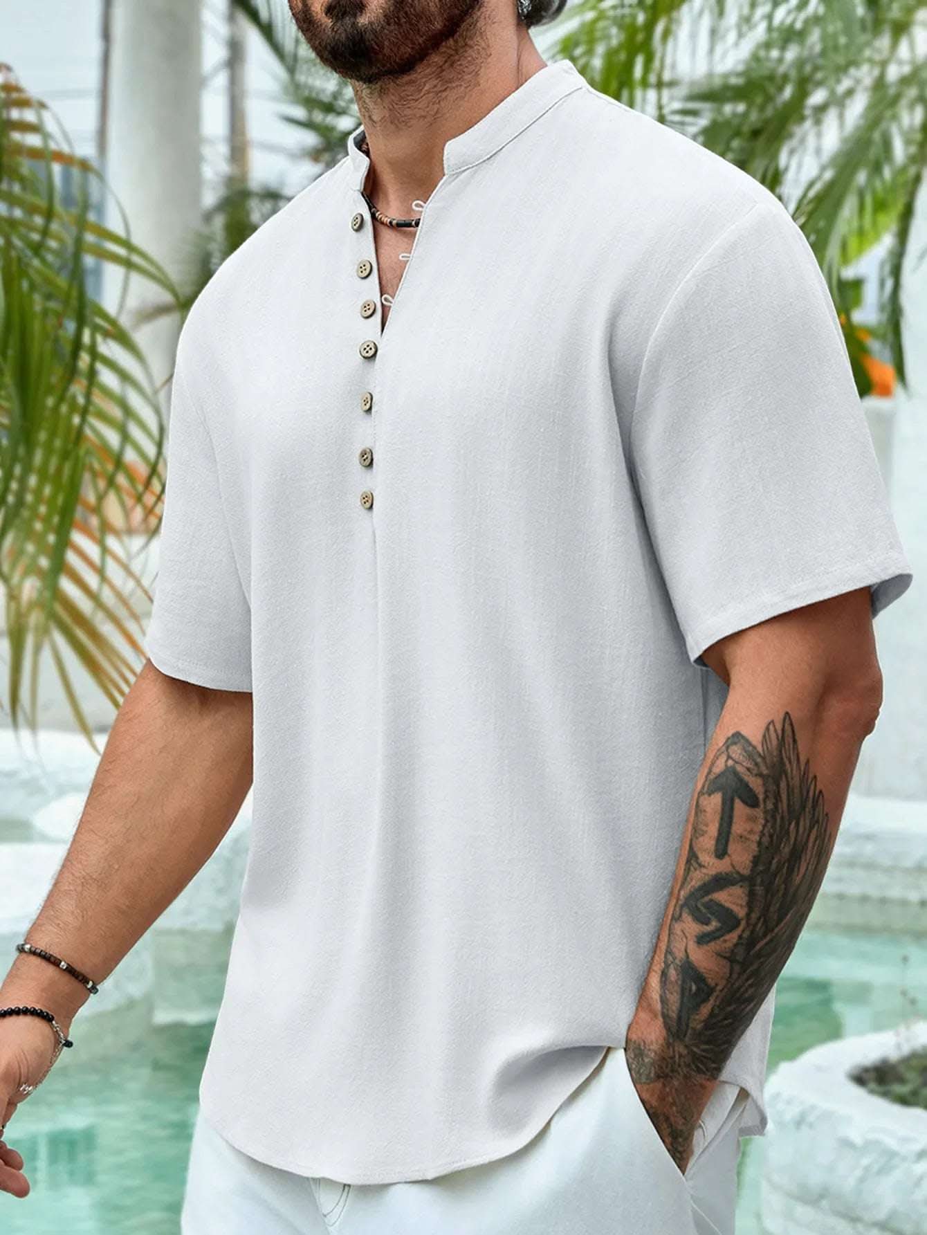 Summer Deep V-neck Multi-button Cotton And Linen Casual Shirt Men's Short Sleeve Fendax 0