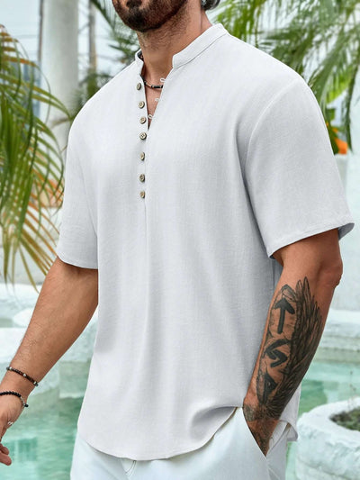 Summer Deep V-neck Multi-button Cotton And Linen Casual Shirt Men's Short Sleeve Fendax 0