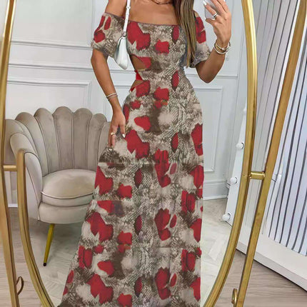 Printed One-line Collar Short-sleeved Long Dress With Hollow Waist Design Summer Vacation Dresses For Women Clothing Fendax 4