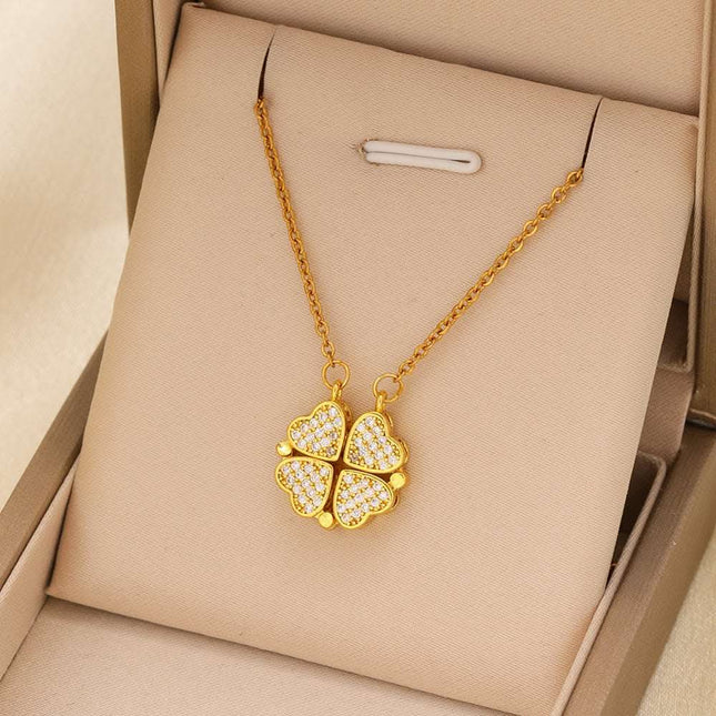 1pcs Fashionable Zircon Heart-shaped Necklace With A Magnetic Folding Four Leaf Heart-shaped Connection, Suitable For Women's Daily Wear And Jewelry Pairing For Dinner Parties Fendax 4