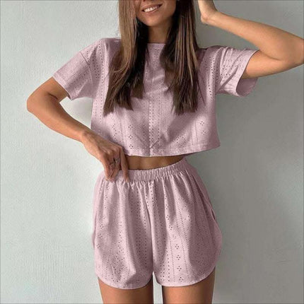 2pcs Casual Hollow Suit With Short-sleeved Crop Top And Elastic Slit Shorts Summer Fashion Sport Clothing For Women Fendax 4