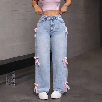 Bowknot Collage Washed Jeans Loose Straight-leg Wide-leg Pants Fendax 0