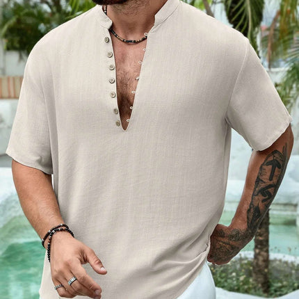 Summer Deep V-neck Multi-button Cotton And Linen Casual Shirt Men's Short Sleeve Fendax 0