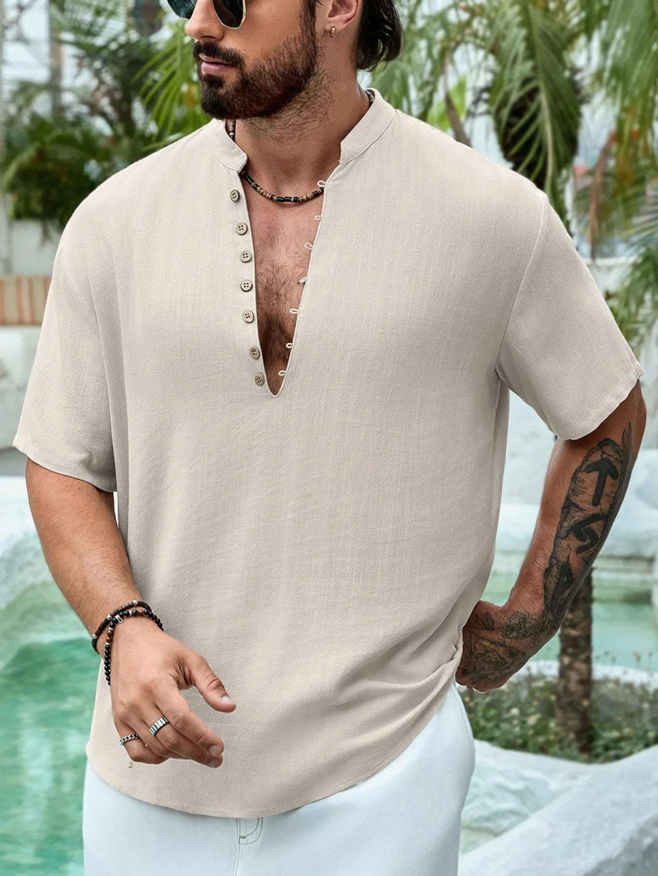 Summer Deep V-neck Multi-button Cotton And Linen Casual Shirt Men's Short Sleeve Fendax 0