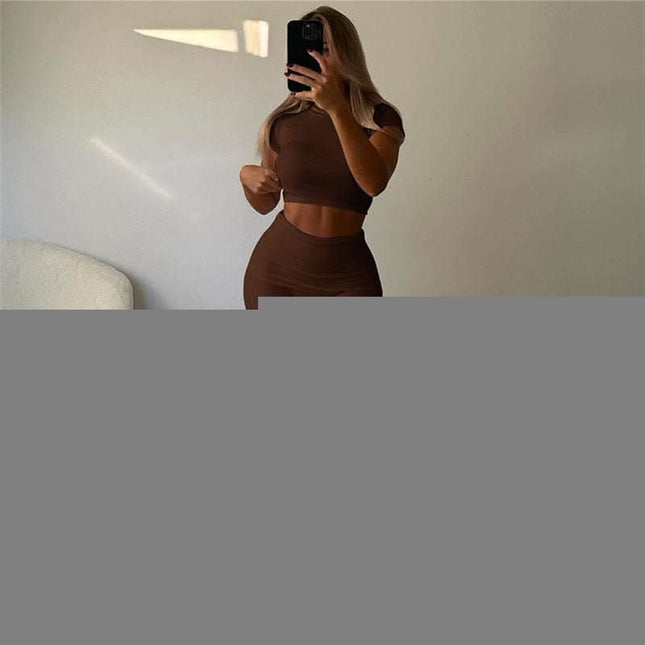 Slim Fit Crop-top Short Sleeve T-shirt High Waist Tight Casual Trousers Suit Fendax 0