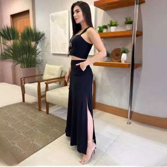 Women's Solid Color Crop-top Spaghetti-strap Top High Waist Long Skirt Sets Fendax 0