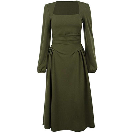 Women's Spring Clothing Woven Square Collar Pleated Skirt Dress