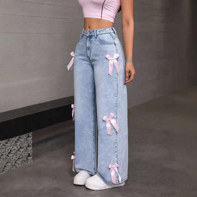 Bowknot Collage Washed Jeans Loose Straight-leg Wide-leg Pants Fendax 0