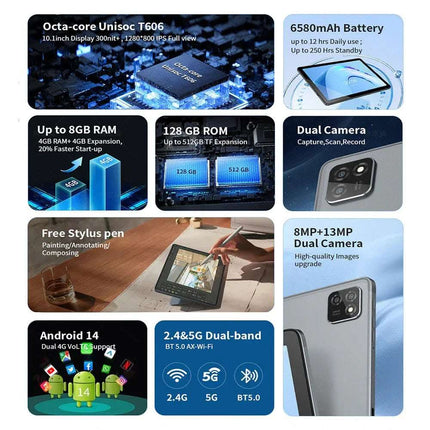 G-tab T11 Android 14 Tablet 10.1 Inch 1280&800 IPS Screen Unisoc T606 8 Core Max 1.6GHz 8GB RAM 4GB&4GB Expansion128GB ROM 2.4&5GHz WiFi Bluetooth 5.0 6580mAh Battery 8MP&13MP Camera Dual 4G Fendax 5