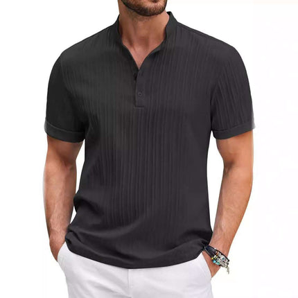 Summer Stand Collar Buttons Short Sleeve T-shirt Solid Color Stripe POLO Shirt Fashion Casual Beach Clothing For Men Fendax 0