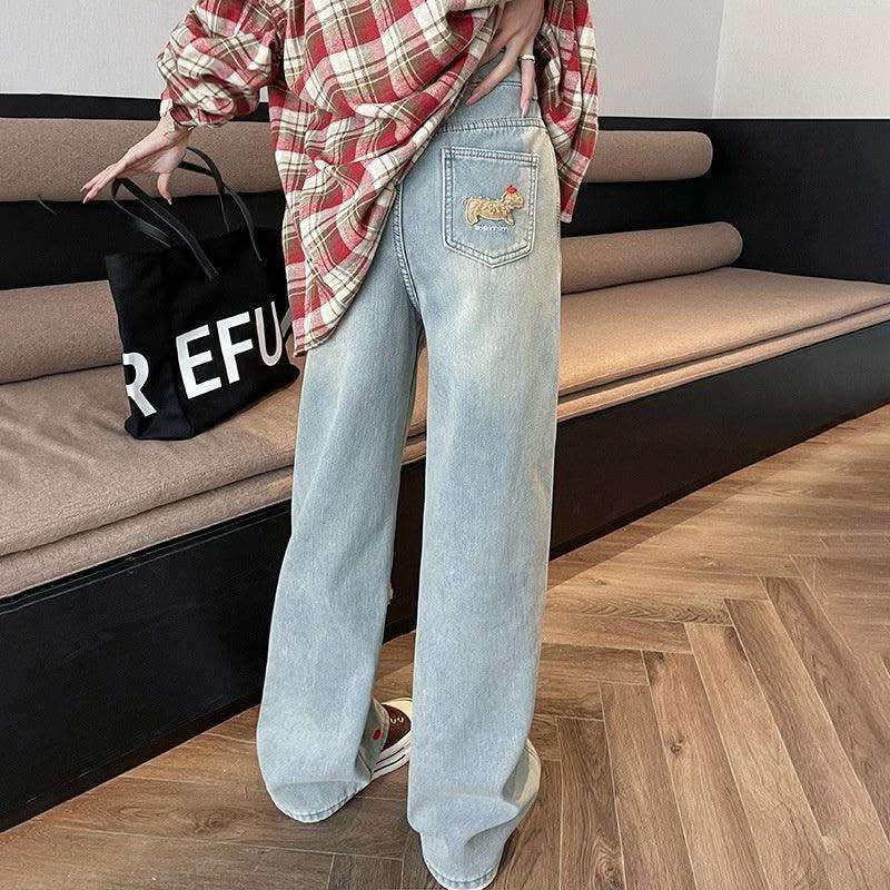 Cartoon Puppy Embroidered High Waist Straight Jeans Fendax 0