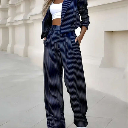Women's Spring Fashion Striped Suits Casual Lapel Long Sleeve Cropped Top And Straight Pants Outfits Women's Clothing Fendax 0