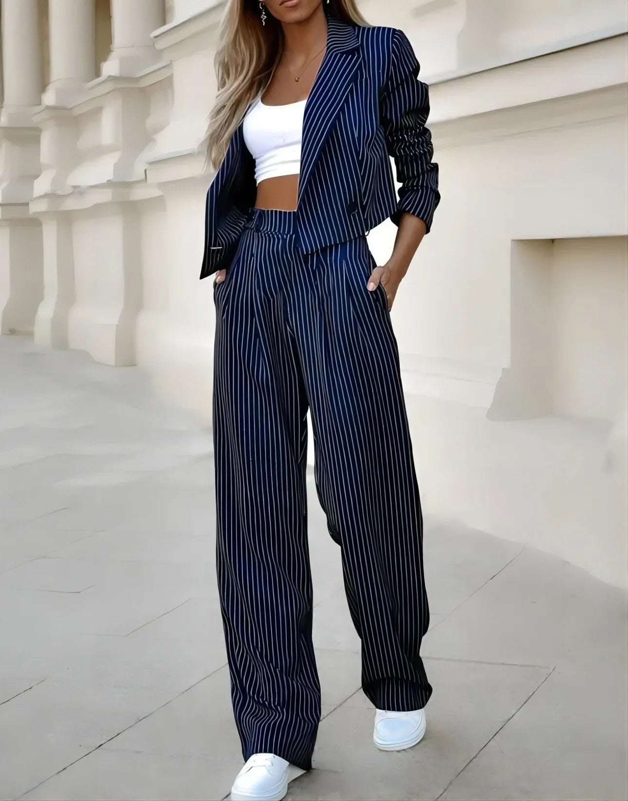 Women's Spring Fashion Striped Suits Casual Lapel Long Sleeve Cropped Top And Straight Pants Outfits Women's Clothing Fendax 0