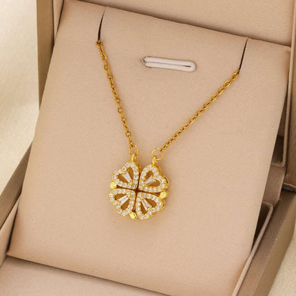 1pcs Fashionable Zircon Heart-shaped Necklace With A Magnetic Folding Four Leaf Heart-shaped Connection, Suitable For Women's Daily Wear And Jewelry Pairing For Dinner Parties Fendax 4