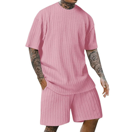 Men's Sports Solid Color Round Neck Pullover Vertical Pattern T-shirt Two-piece Set Fendax 0